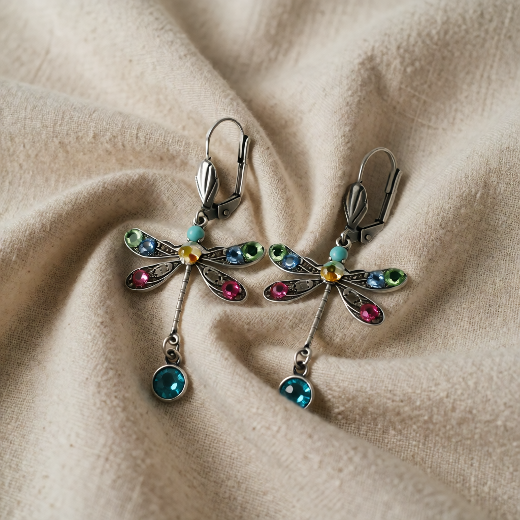 Silver Drop Earrings Gobnait with Dragonfly Motif