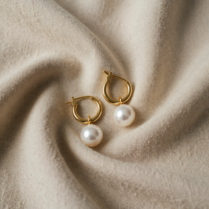 Gold Hoop Earrings Dingle with Pearl Drop