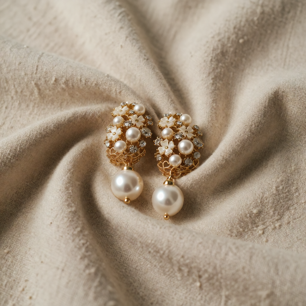 Gold Drop Earrings Gobnait with Pearl Flowers