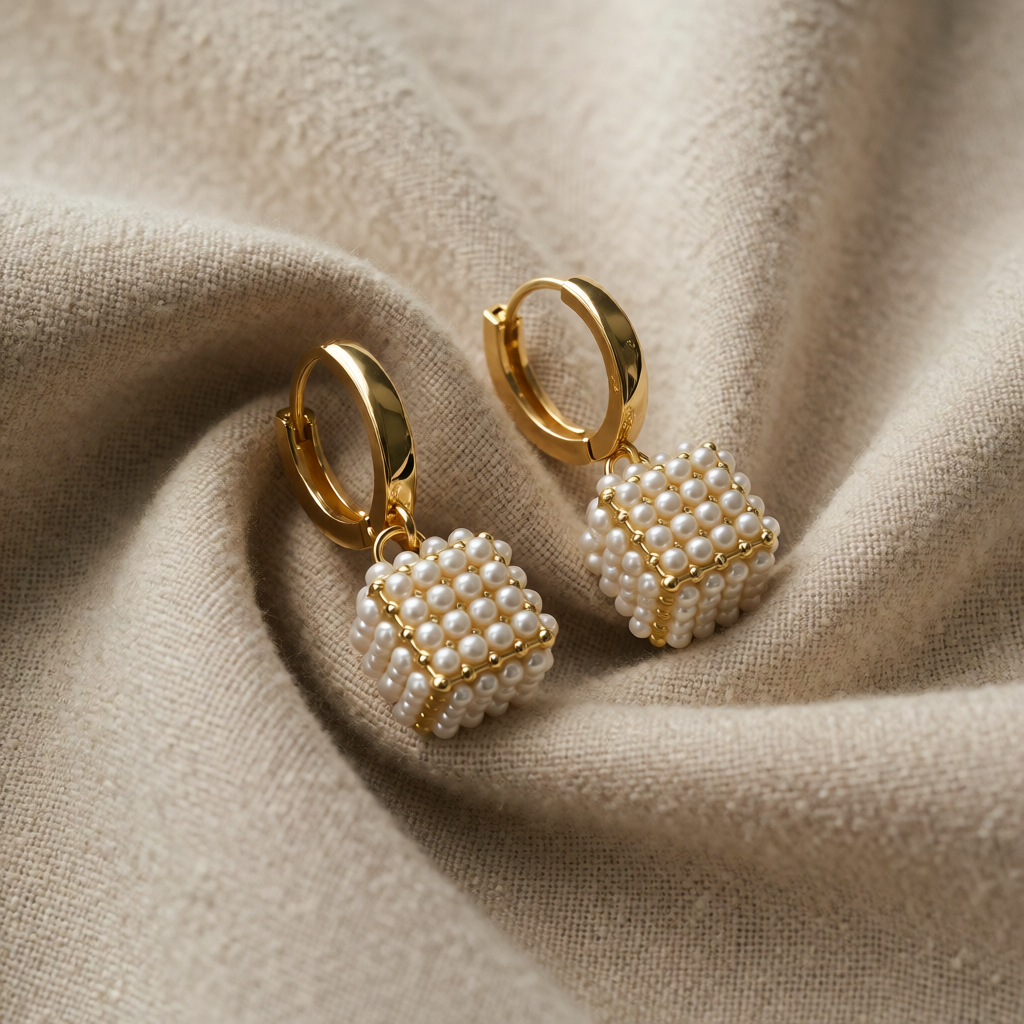 Gold Drop Earrings Neasa with Pearl Cube