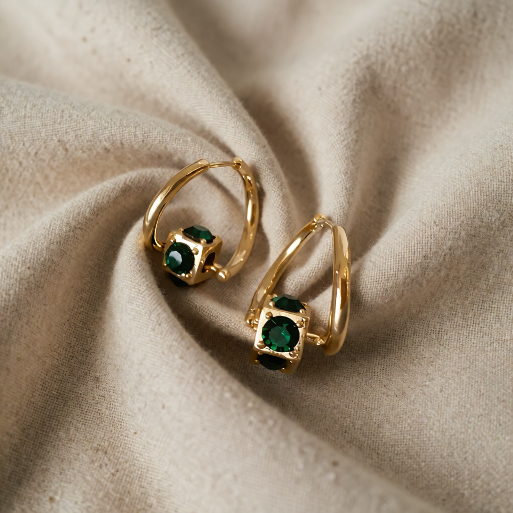 Gold Drop Earrings Saoirse with Emerald Cubes