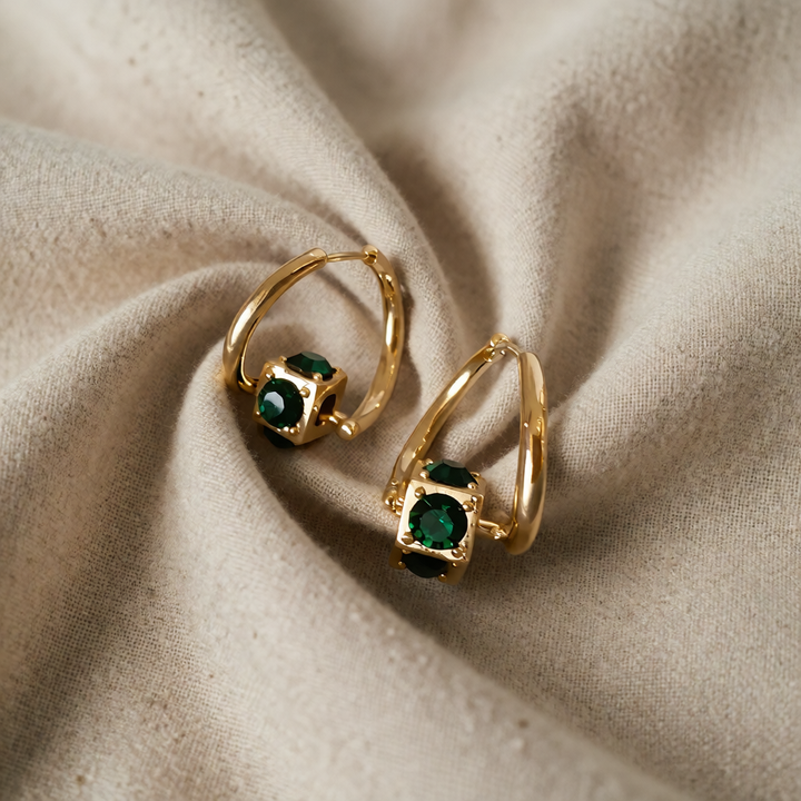 Gold Drop Earrings Saoirse with Emerald Cubes