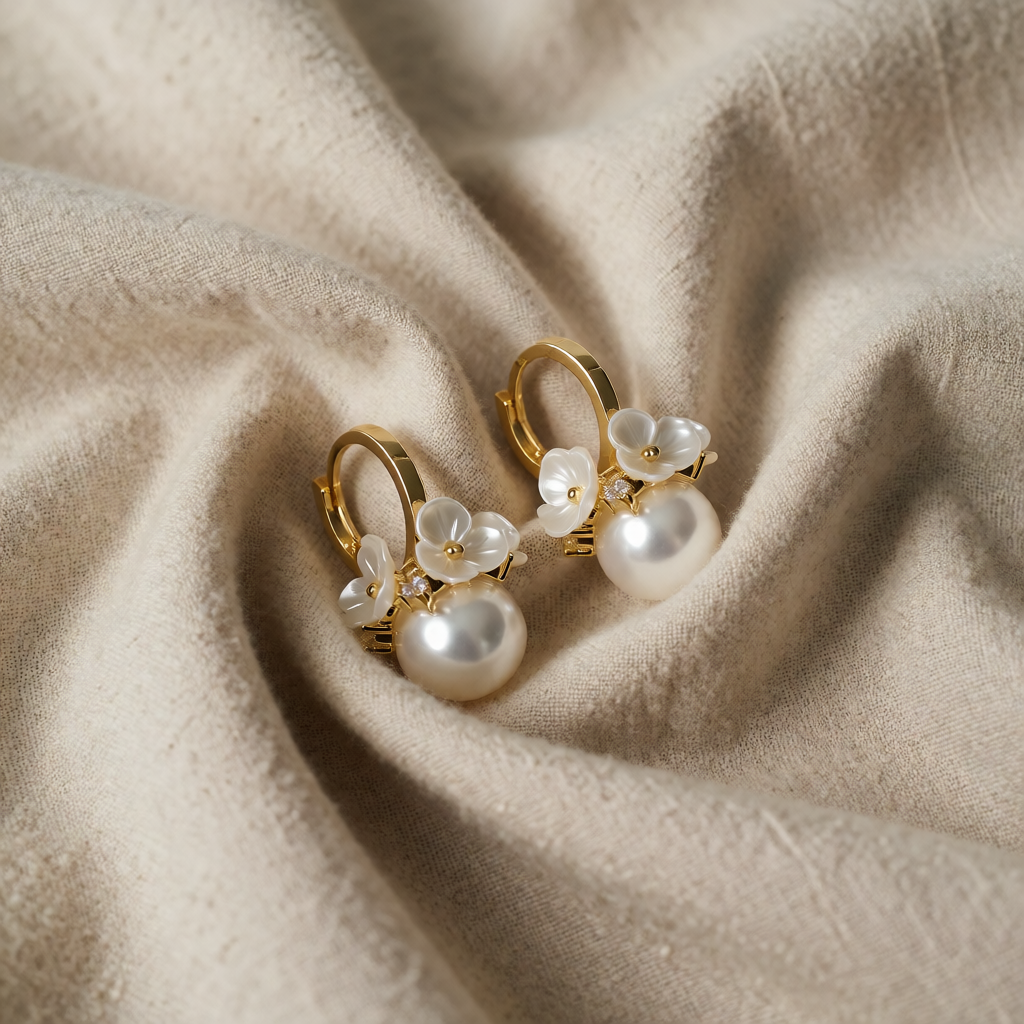 Gold Huggie Earrings with Mother-of-Pearl Flowers and Pearl