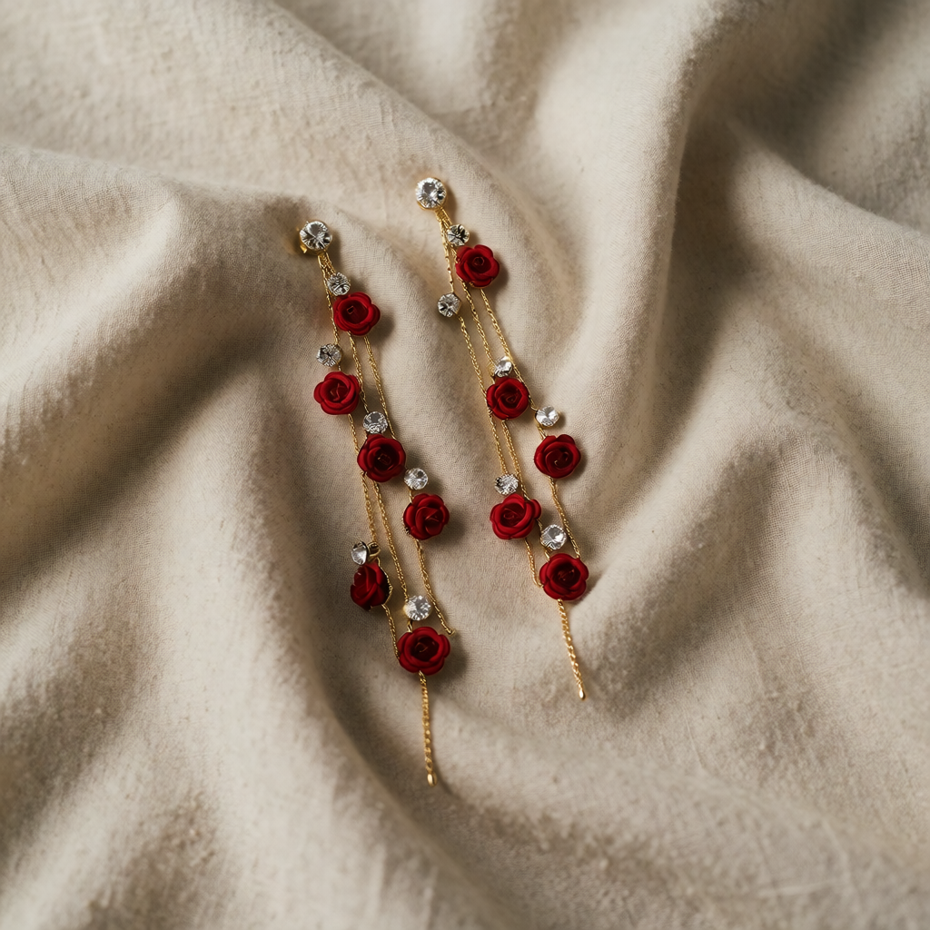 Gold Drop Earrings Deirbhile with Red Roses