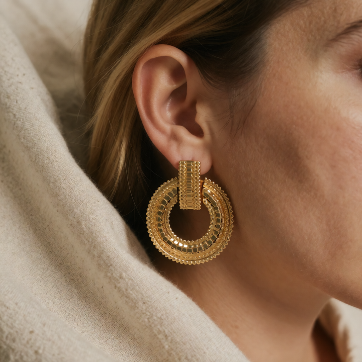 Gold Drop Earrings Aoife with Mandala Design
