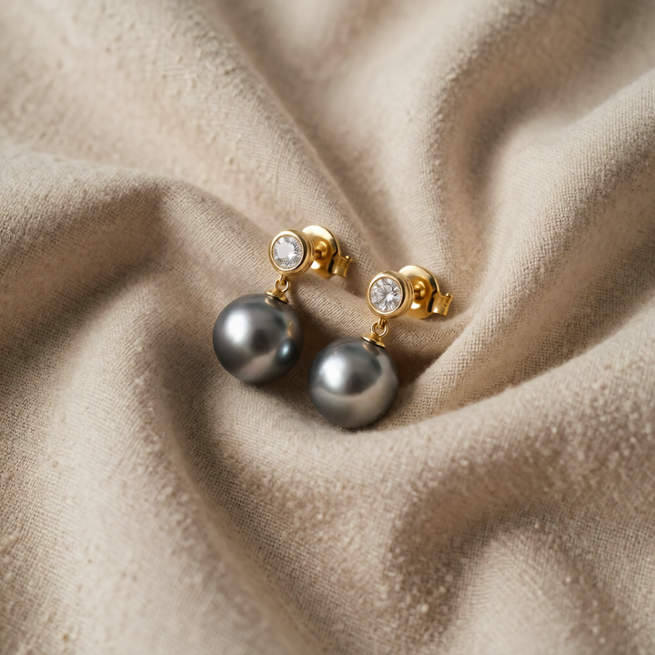 Gold Drop Earrings Treasa with Grey Pearl and Zirconia