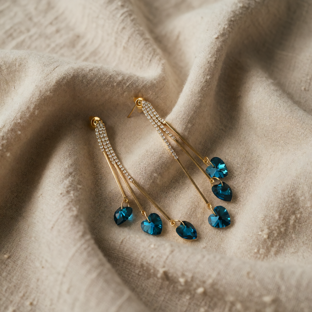 Gold Drop Earrings Darina with Blue Crystal Hearts