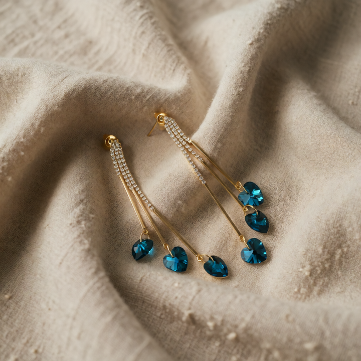 Gold Drop Earrings Darina with Blue Crystal Hearts