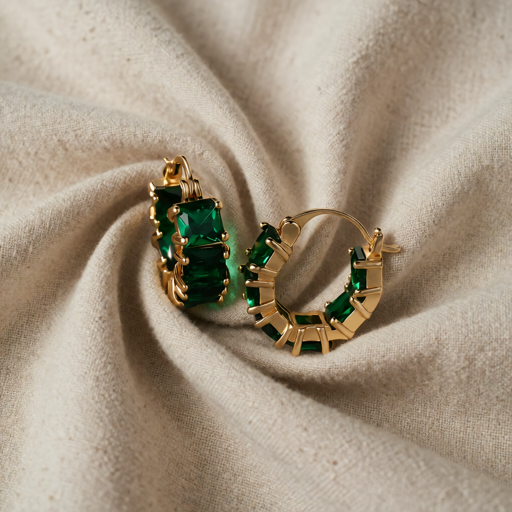 Gold Hoop Earrings Niamh with Emerald