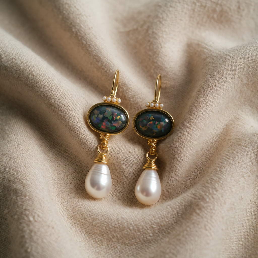Gold Drop Earrings Siobhán with Opal and Pearl