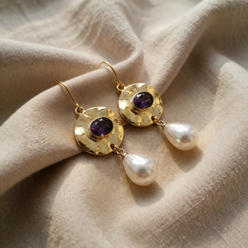 Gold Drop Earrings Dingle with Amethyst and Pearl