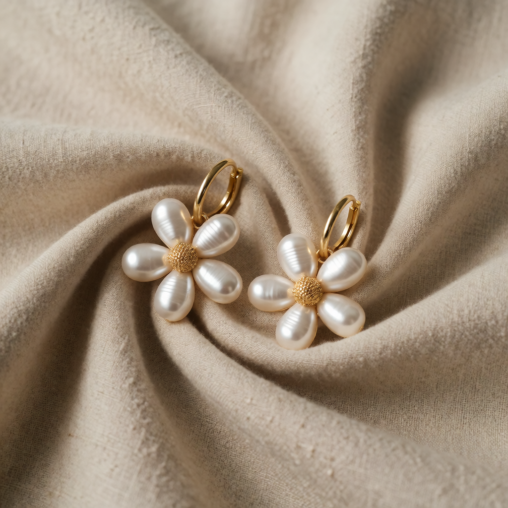 Gold Drop Earrings Aoife with Pearl Flower