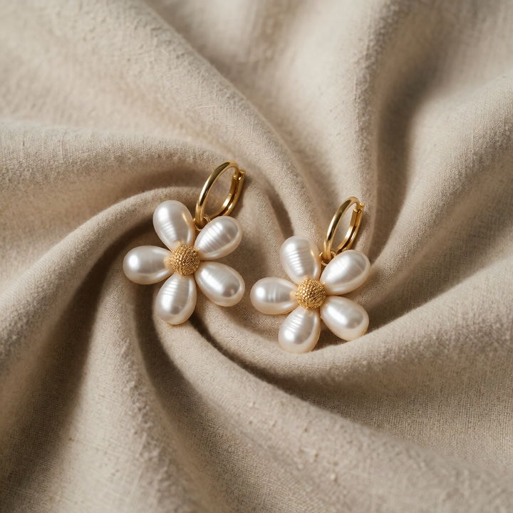 Gold Drop Earrings Aoife with Pearl Flower