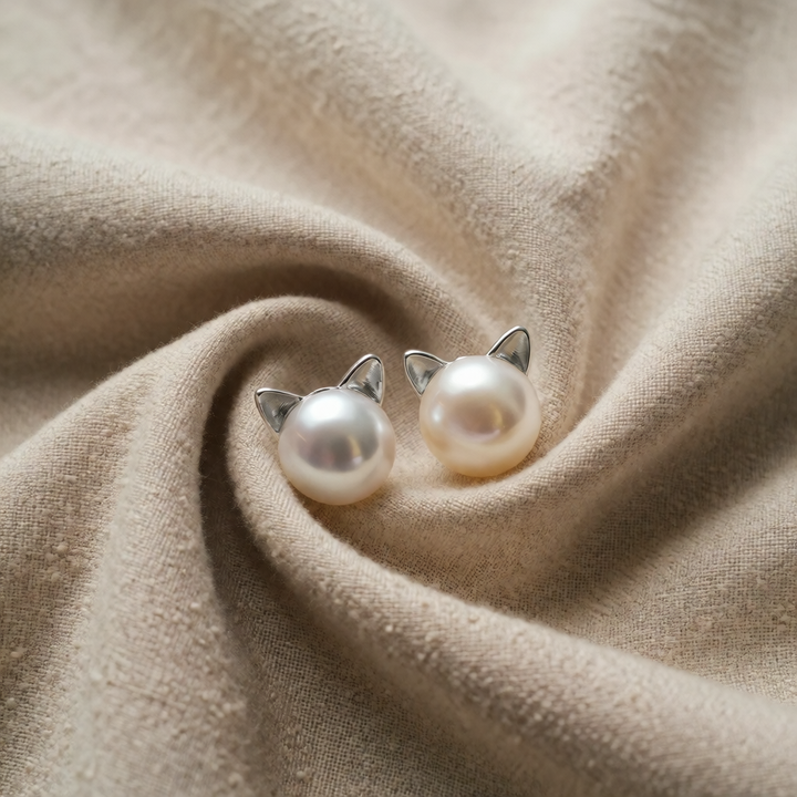 Silver Stud Earrings Sorcha with Pearl and Cat Motif
