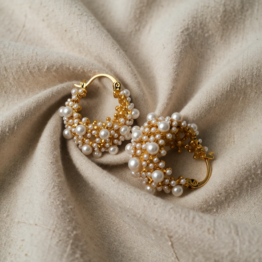 Gold Hoop Earrings Niamh with Pearl Cluster