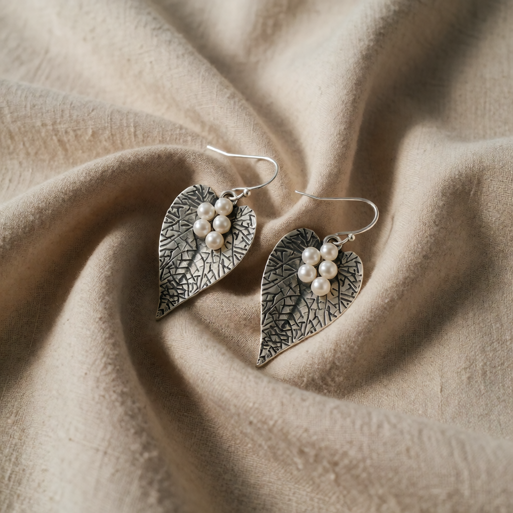 Silver Drop Earrings Riona with Leaf and Pearls