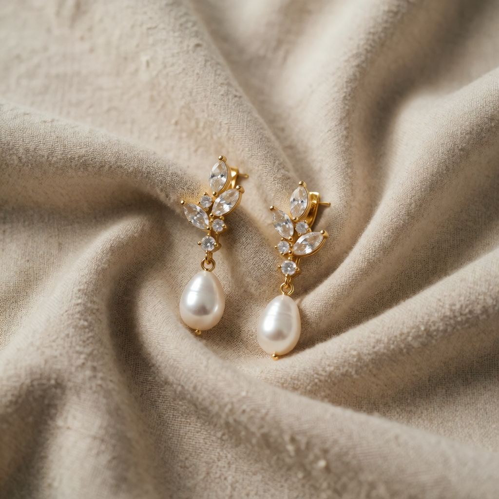 Gold Drop Earrings Íde with Pearl and Crystal Leaves