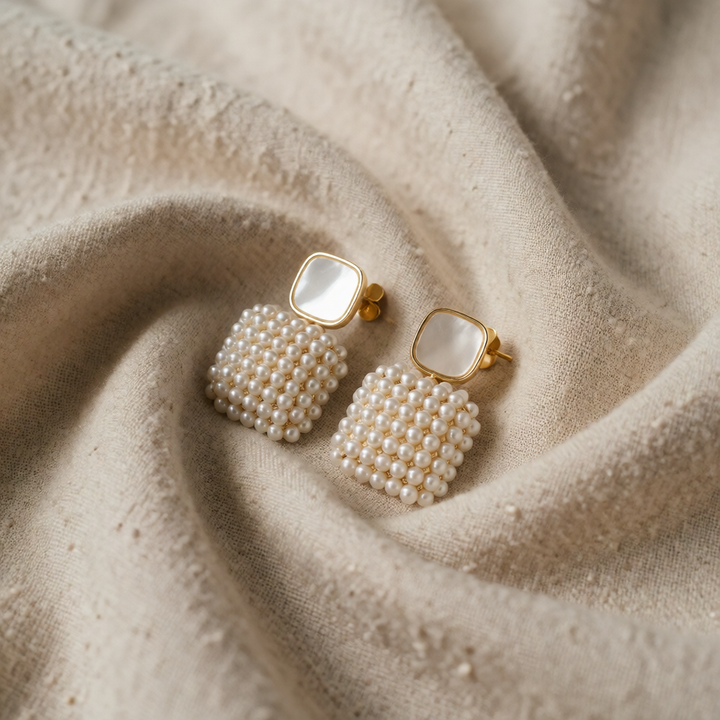 Gold Drop Earrings Cara with Pearl Cluster