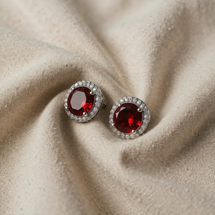 Silver Stud Earrings Deirdre with Ruby Halo