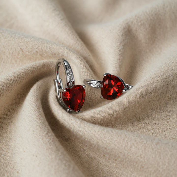Silver Drop Earrings Nuala with Ruby Heart