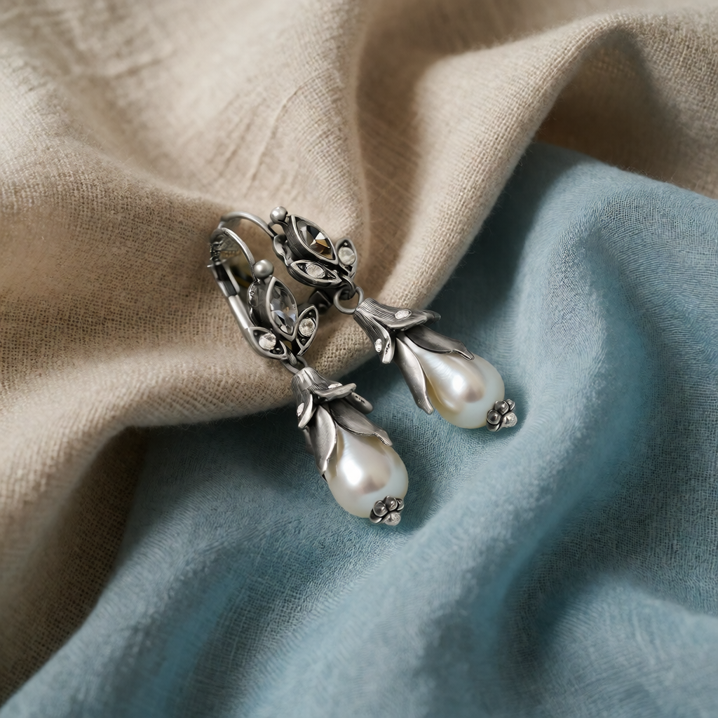 Silver Drop Earrings Neasa with Lily and Pearl