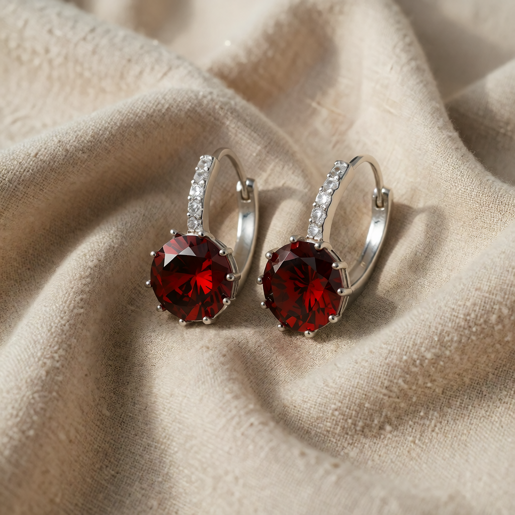 Silver Huggie Earrings Deirdre with Ruby and Zirconia