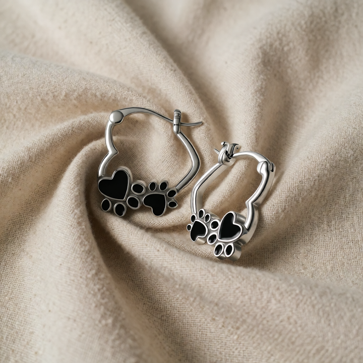Silver Huggie Earrings Bríd with Black Paw and Heart