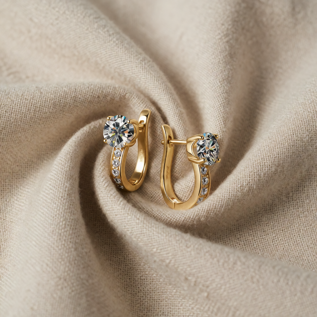 Gold Huggie Earrings Ciara with Crystal Solitaire