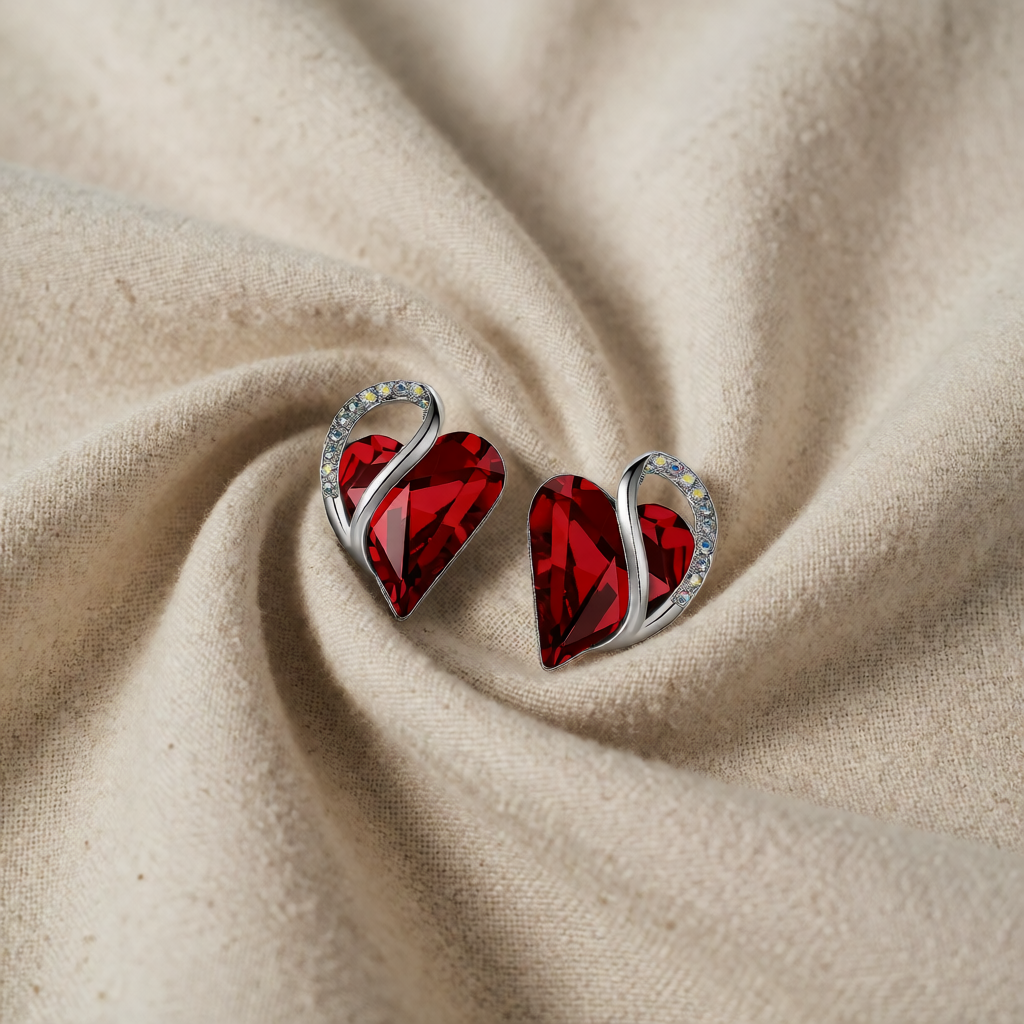 White Gold Stud Earrings Eabha with Ruby Heart
