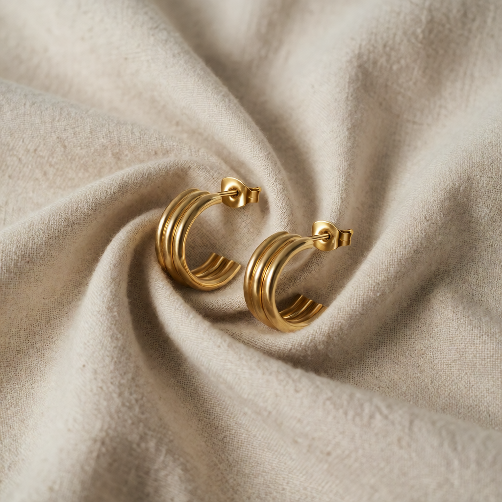 Gold Hoop Earrings Deirdre with Triple Ring Design
