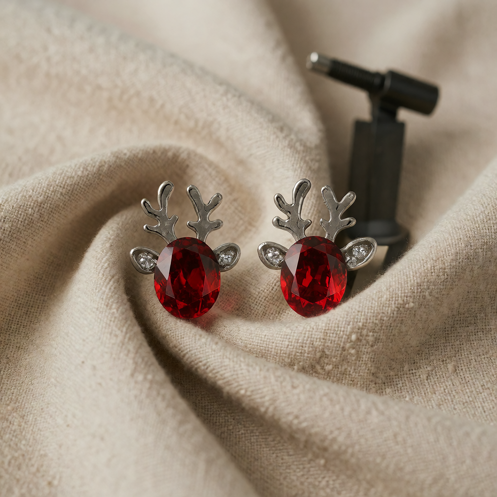 Silver Stud Earrings with Reindeer and Red Crystal