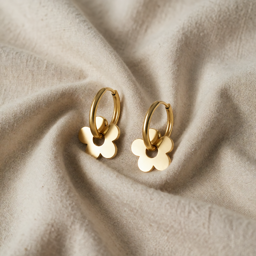 Gold Hoop Earrings Muirne with Flower Motif