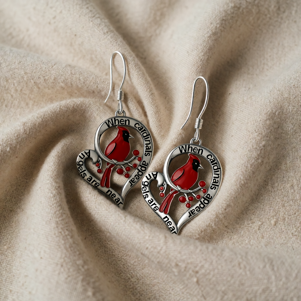 Silver Drop Earrings Gobnait with Cardinal Bird
