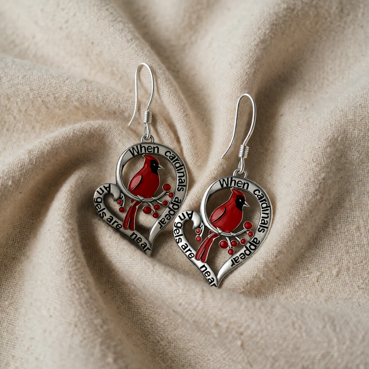 Silver Drop Earrings Gobnait with Cardinal Bird