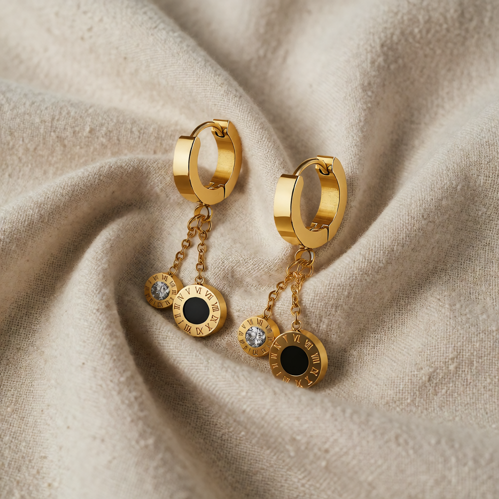 Gold Drop Earrings Aoife with Roman Numerals & Zirconia