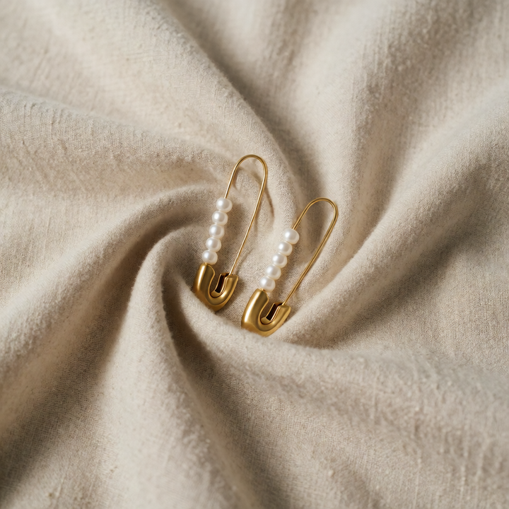 Gold Safety Pin Earrings Clíodhna with Pearls