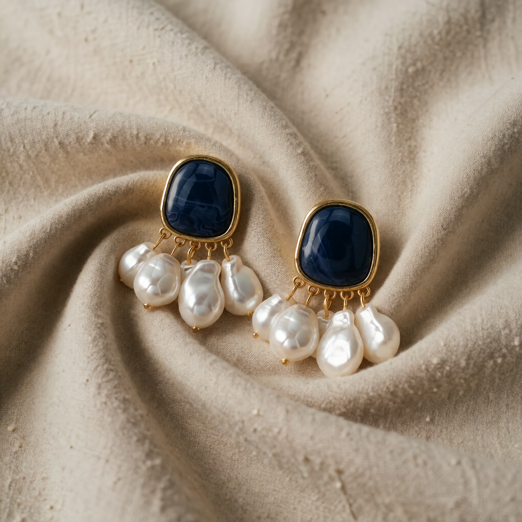Gold Drop Earrings with Navy Cabochon and Pearl Fringe