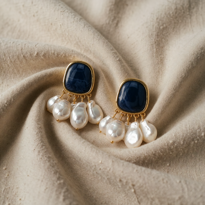 Gold Drop Earrings with Navy Cabochon and Pearl Fringe
