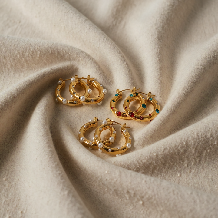 Gold Hoop Earrings Clíodhna with Pearls and Crystals