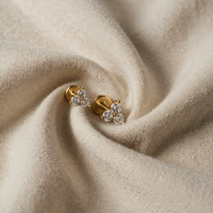 Gold Stud Earrings Fionnuala with Crystal Trio