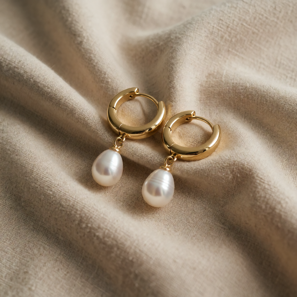 Gold Huggie Earrings Treasa with Pearl Drop