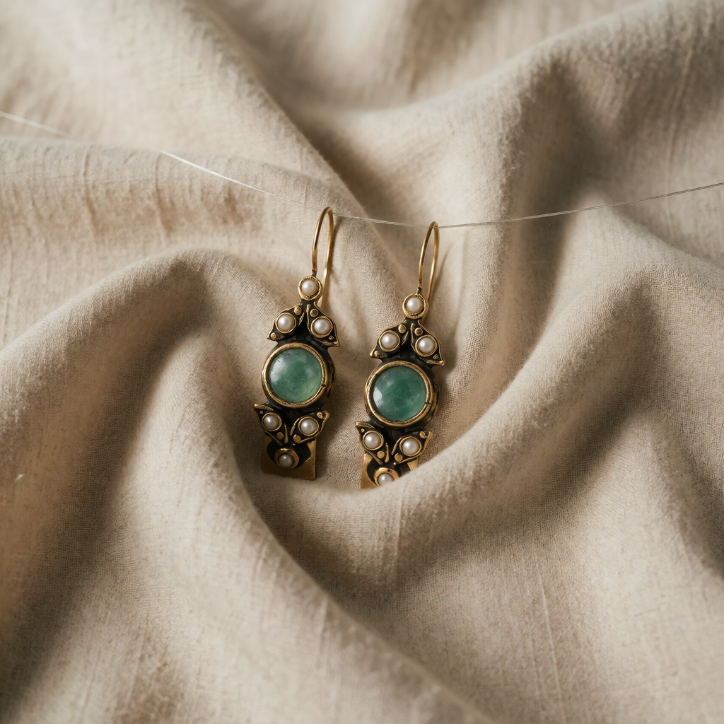 Gold Drop Earrings Gobnait with Green Stone