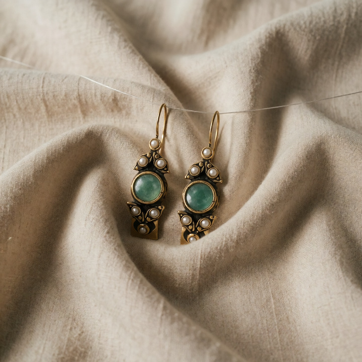 Gold Drop Earrings with Green Cabochon and Pearls