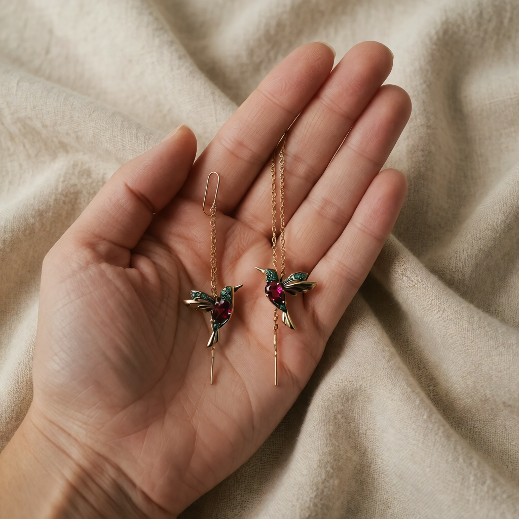 Gold Threader Earrings Emer with Hummingbird Motif