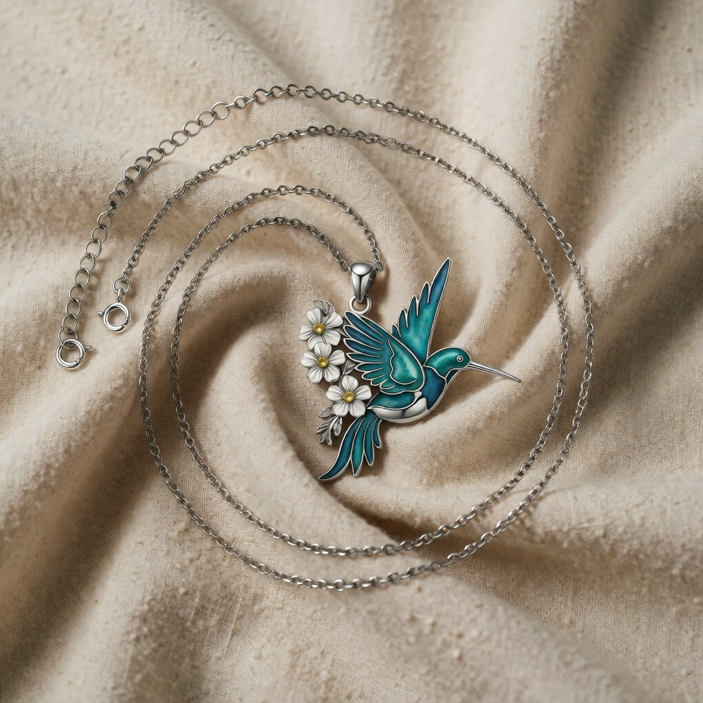 Silver Necklace Set Aoibh with Hummingbird and Flowers