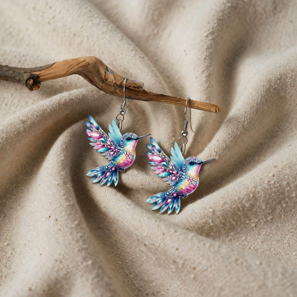 Silver Drop Earrings Emer with Hummingbird