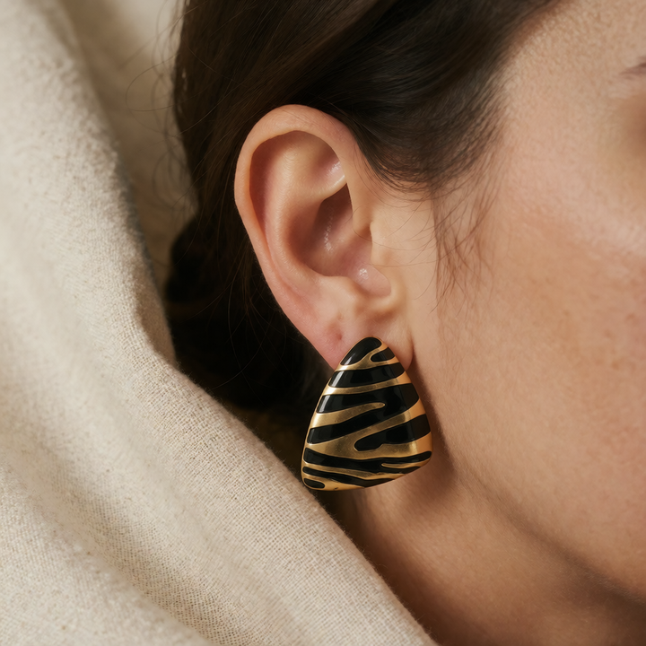 Gold Stud Earrings Muirne with Zebra Stripe Motif
