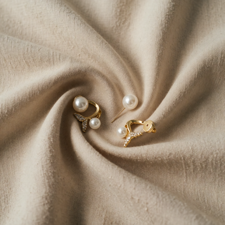 Gold Stud Earrings with Pearl and Whale Tail Motif