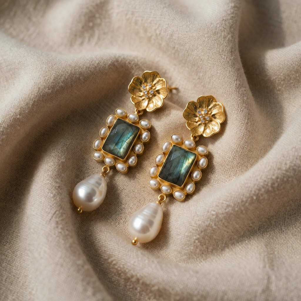 Gold Flower Drop Earrings with Labradorite and Pearl