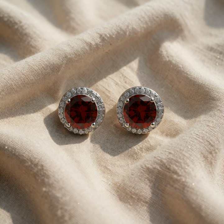 Silver Stud Earrings Ciara with Ruby and Crystal Halo